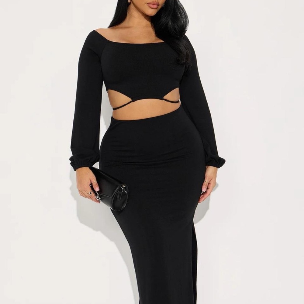 Black Cutout Long Sleeve Matching skirt set